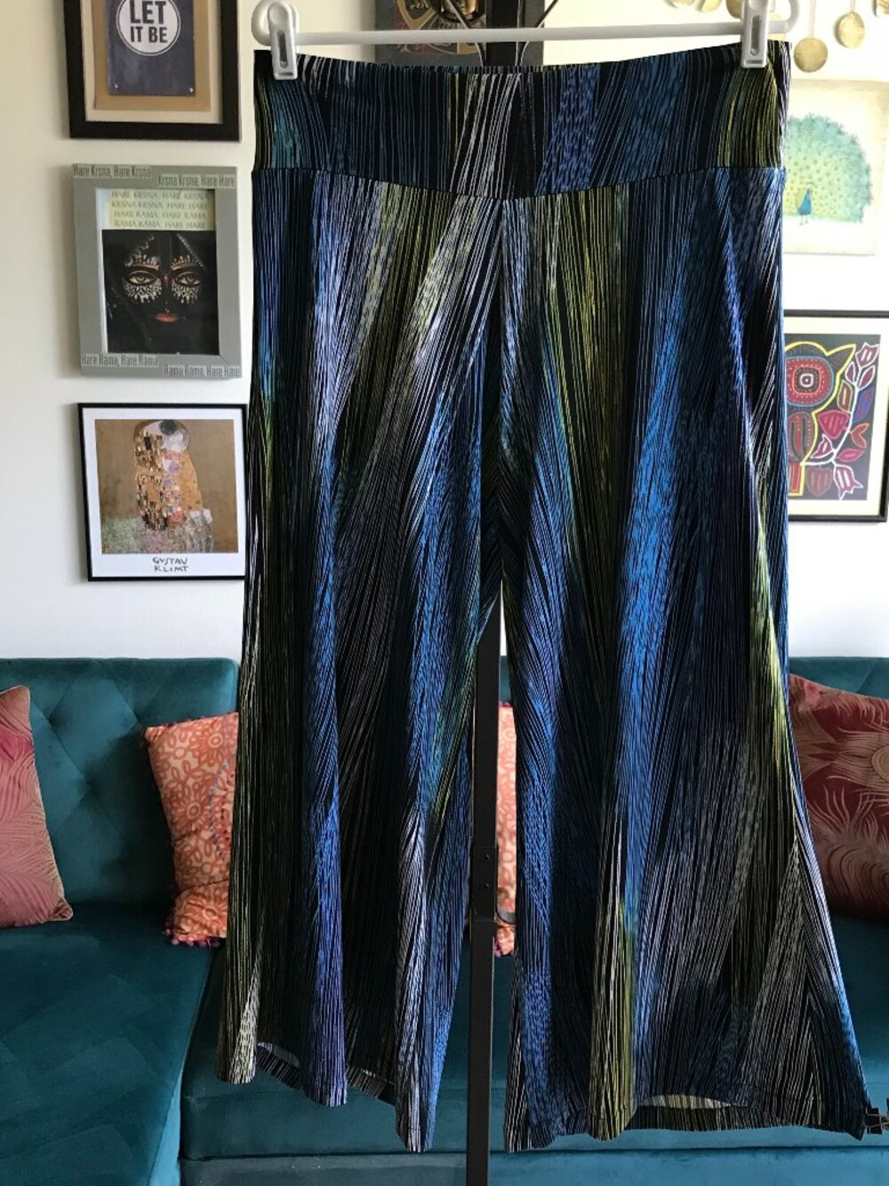 CLARA SUN WOO size L Blue Yellow & Black Flowy Cropped Wide Leg Palazzo Pants